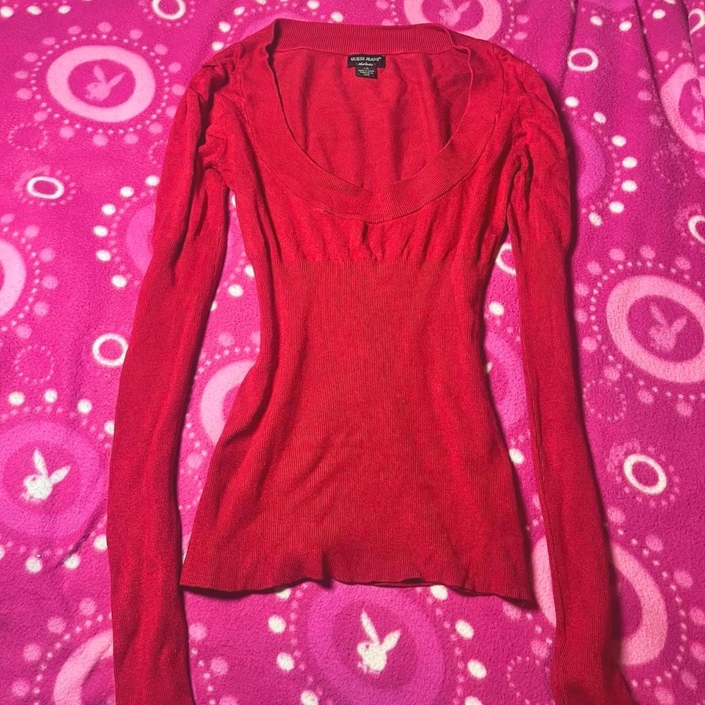 Y2K Guess Red Scoop Neck Ribbed Sweater Size Large